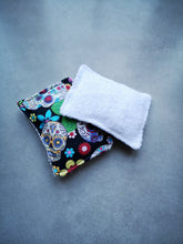 Load image into Gallery viewer, Black sugar skull and floral cotton and bamboo towelling unsponge