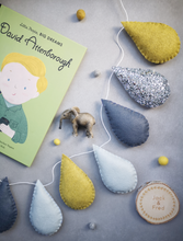 Load image into Gallery viewer, Mustard, Silver, Grey and Glitter Handmade Felt Raindrop Garland