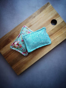 Blue floral and teal with white squiggle design hessian scrubby unsponge washing up sponge exfoliating 