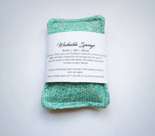 Load image into Gallery viewer, Teal cotton with white squiggle design washable hessian scrubby sponge 