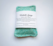Load image into Gallery viewer, Teal cotton with white squiggle design washable hessian scrubby sponge