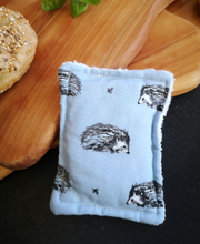 Load image into Gallery viewer, Blue cotton with black hedgehog design bamboo reusable sponge