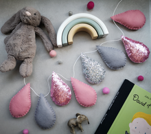 Load image into Gallery viewer, Pink, Grey, Silver and Glitter handmade felt raindrop garland